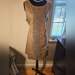 J Crew Sleeveless Tan Dress with Central Lace Panel
